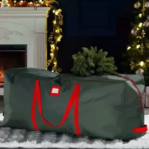 This green storage bag for an artificial Christmas tree is thoughtfully placed next to a cozy fireplace, ready for the tree to be packed away. The soft white carpet below adds a touch of warmth to the scene. Storing the Christmas tree signifies the end of the festive season and the chilly winter days, making way for new beginnings as the warmth of spring approaches.