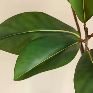 This image focuses on the intricate textures and vibrant green color of the artificial magnolia leaf, showcasing the realistic surface that resembles real leaves.