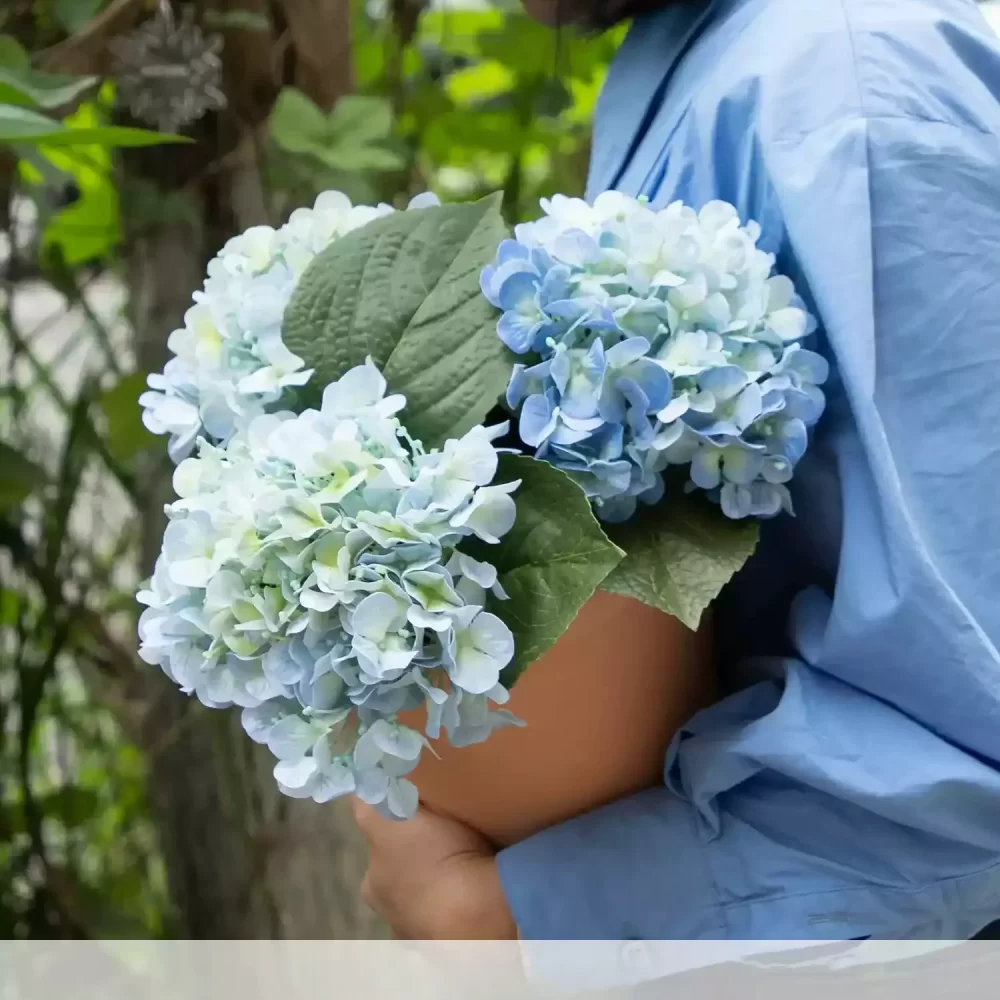 A bold statement piece, this large faux hydrangea arrangement features three blue hydrangea stems in a rustic red brick ceramic pot. The contrasting colors of the deep blue flowers and the warm-toned pot make this a striking addition to your home decor.