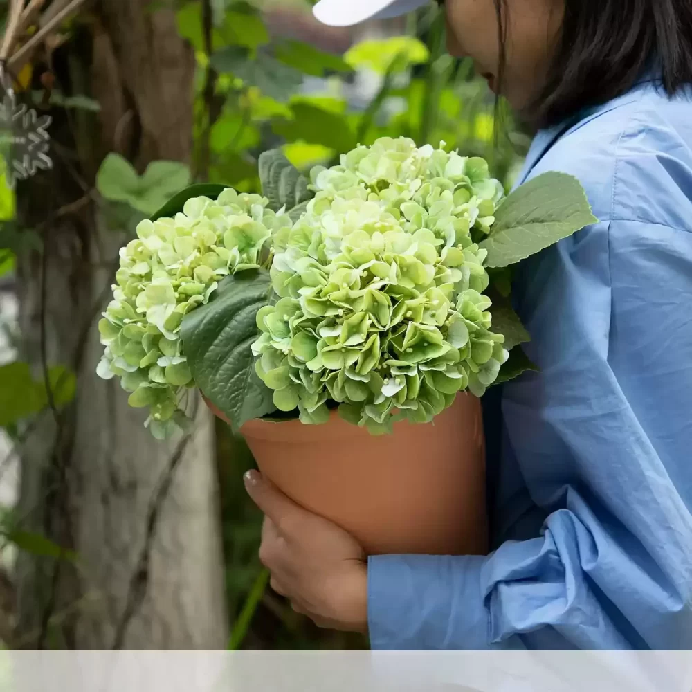 Liven up your home with this large potted artificial green hydrangea arrangement. The combination of fresh green tones and the red brick ceramic pot gives a natural yet refined look, perfect for any indoor or outdoor setting.