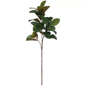 A full view of a single artificial magnolia leaf stem, photographed against a white background. The realistic leaves capture the intricate detailing of natural magnolia foliage.