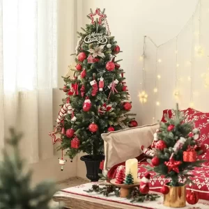 Adorned with classic red Christmas ornaments, this 5-foot artificial tree exudes timeless holiday cheer. The bright red decor pairs beautifully with the tree’s lush green branches, creating a bold and festive look perfect for living rooms, entryways, and offices.