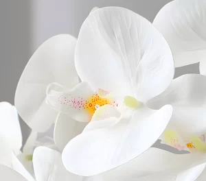 A detailed close-up of the artificial orchid’s blooms highlights the exquisite craftsmanship, including delicate petal textures, subtle color gradients, and lifelike stamens. The flower arrangement captures the randomness of nature, evoking the beauty of freshly bloomed orchids.