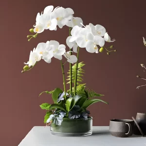 The artificial orchid potted plant, with its 16-inch bloom spread and striking 24-inch height, brings elegance to home décor. The design blends seamlessly into a modern, minimalist living space, creating a serene and inviting ambiance. The 3D-printed leaves and handcrafted flowers enhance its authenticity.