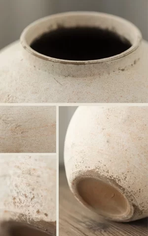 This collage showcases the vase’s hand-crafted details, including the mouth, body, and base, all displaying slight variations and subtle imperfections unique to the artisanal process. The textured ceramic and earthy tones underscore its vintage character, making it a charming, timeless addition to any space.