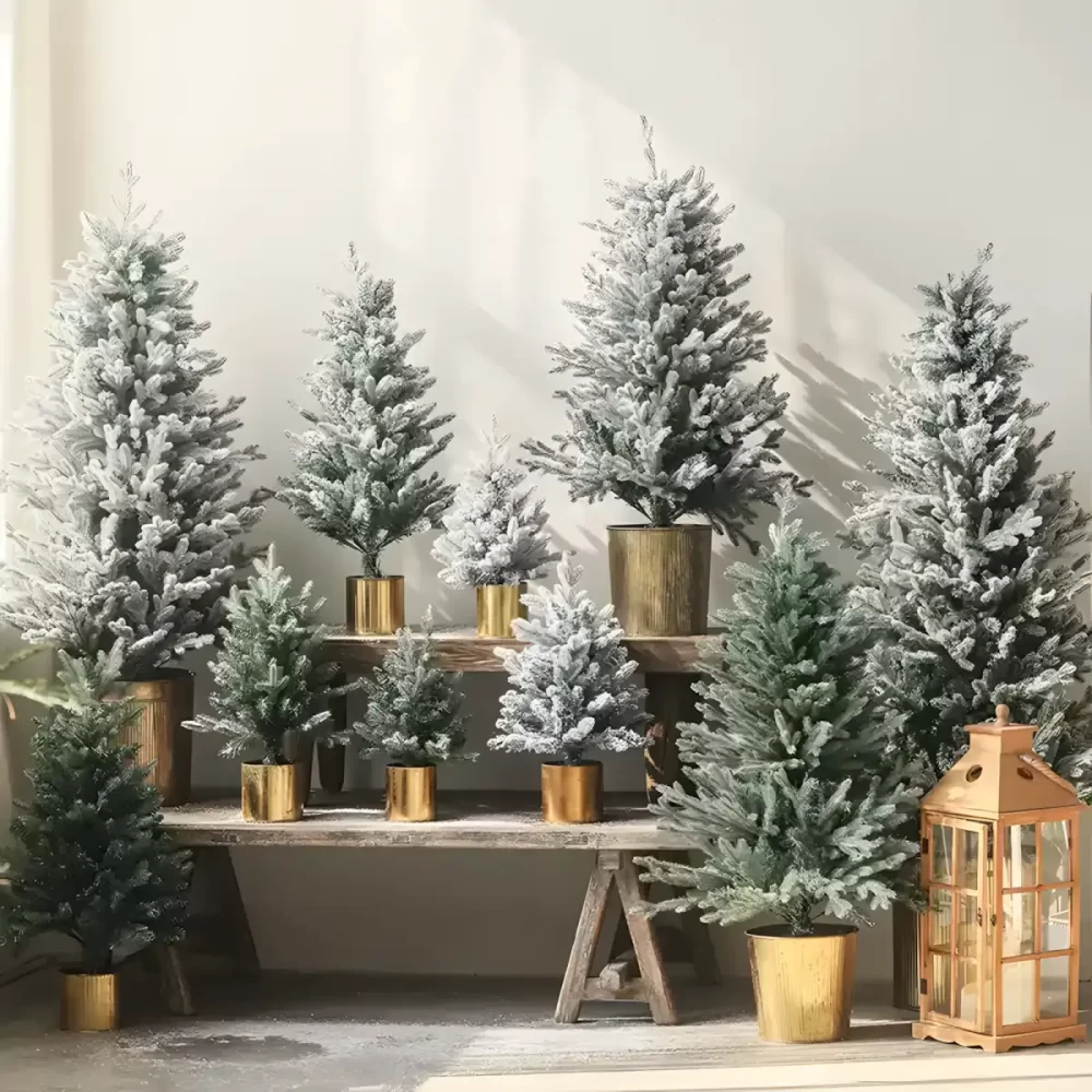 Displaying a range of sizes, from 1.5 feet to 6 feet, these lifelike Christmas trees with vintage-style gold bases bring festive spirit into the bedroom, each size creating a unique touch of holiday charm.