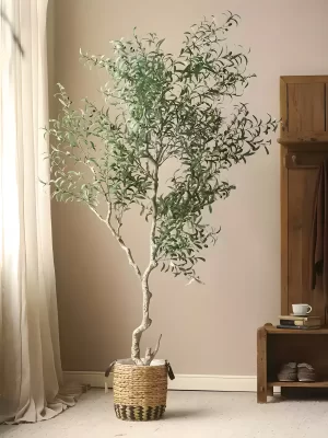 Towering at 98.4 inches (250 cm), this artificial olive tree is designed to make a statement. Its lifelike details, grand stature, and lush greenery elevate any room with a touch of nature-inspired luxury.