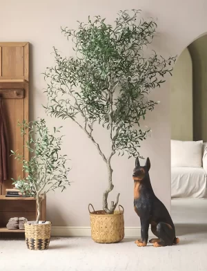 This majestic 98.4-inch (250 cm) artificial olive tree commands attention with its natural look and impressive height. Placed in a serene room alongside a playful dog, the tree brings life and a sense of grandeur to the space. Its realistic leaves, textured trunk, and elegant proportions make it a statement piece for any home or office.