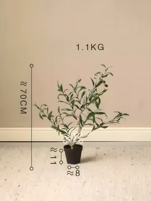 This artificial olive tree measures 27.5 inches tall, weighs approximately 2.4 lbs (1.1 kg), and comes in an 11-inch tall, 4.7-inch diameter pot, ensuring stability and style for small spaces.