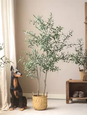 This warm and inviting scene features a 70.9-inch (180 cm) artificial olive tree styled with natural details. A furry companion adds to the tranquil ambiance.